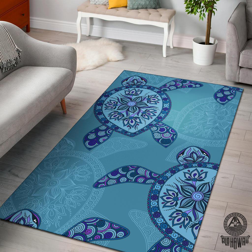 Blue Hawaii Turtle Area Rug White - Polynesian Pride