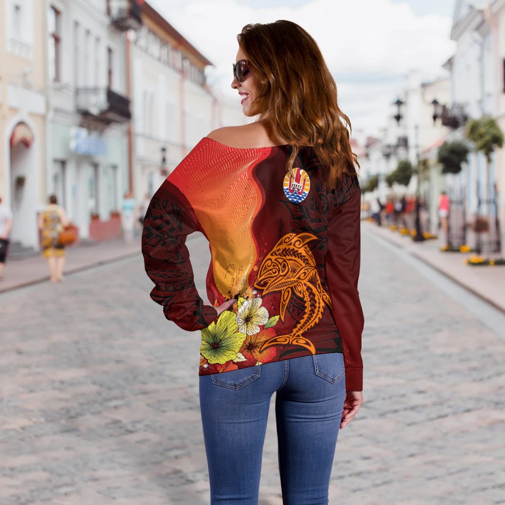 Tahiti Women's Off Shoulder Sweater - Tribal Tuna Fish - Polynesian Pride