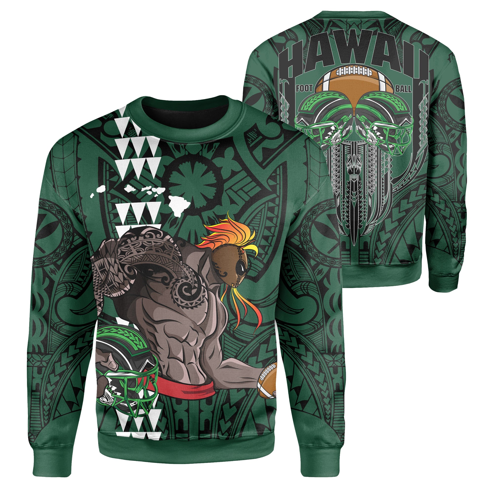Hawaii Football Polynesian Warrior Sweatshirt - AH - July Style Unisex Green - Polynesian Pride