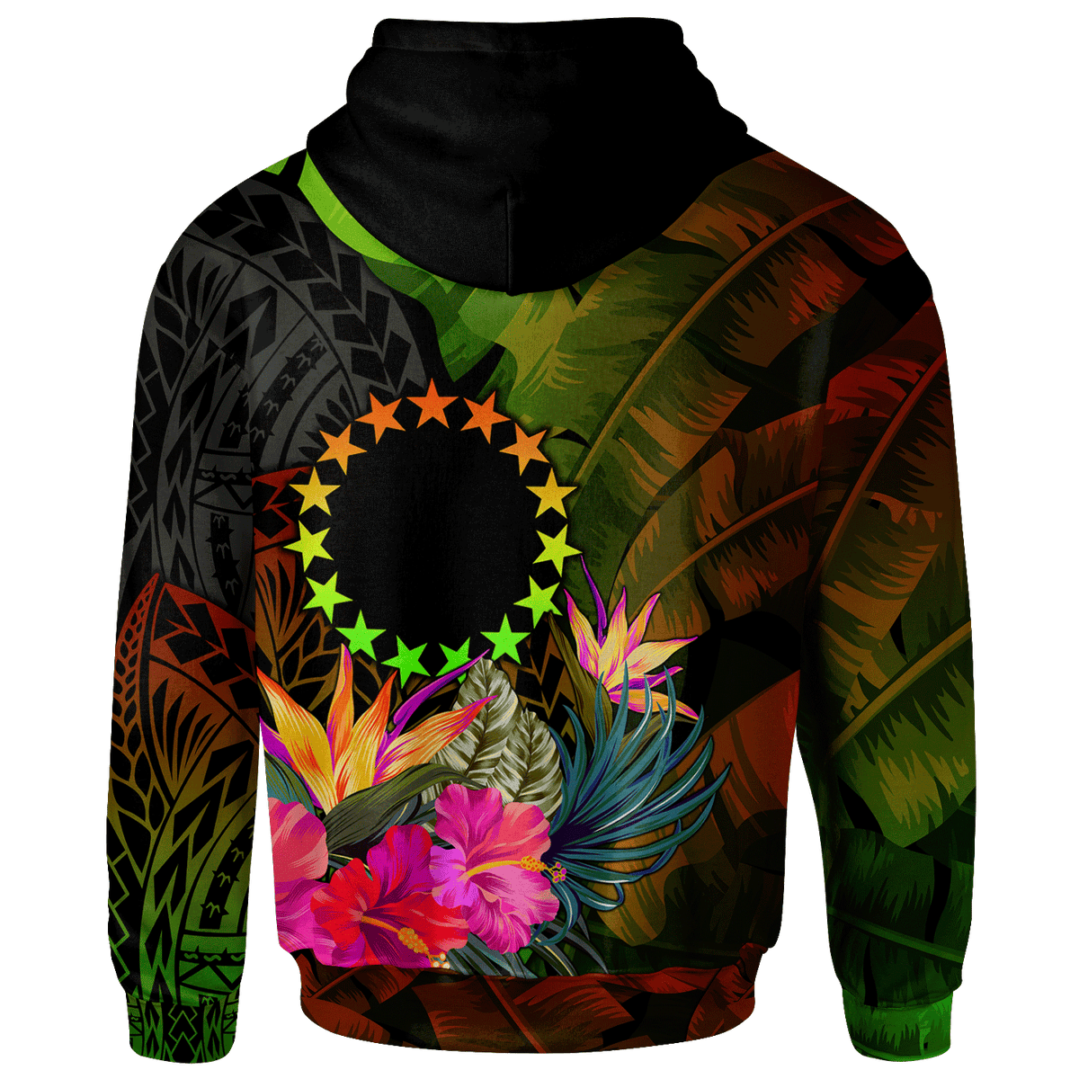 Cook Islands Polynesian Hoodie Hibiscus and Banana Leaves - Polynesian Pride