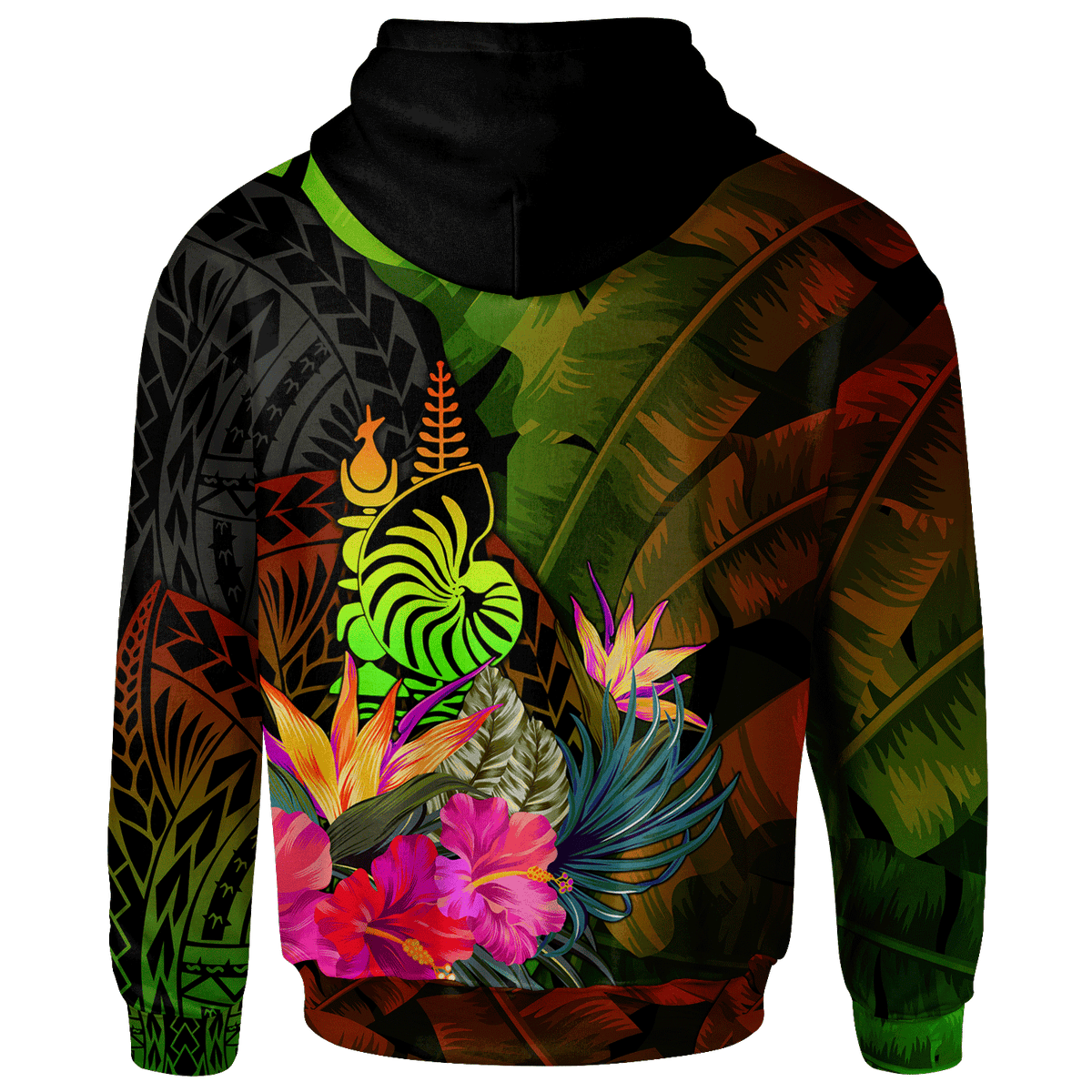 New Caledonia Polynesian Zip up Hoodie Hibiscus and Banana Leaves - Polynesian Pride
