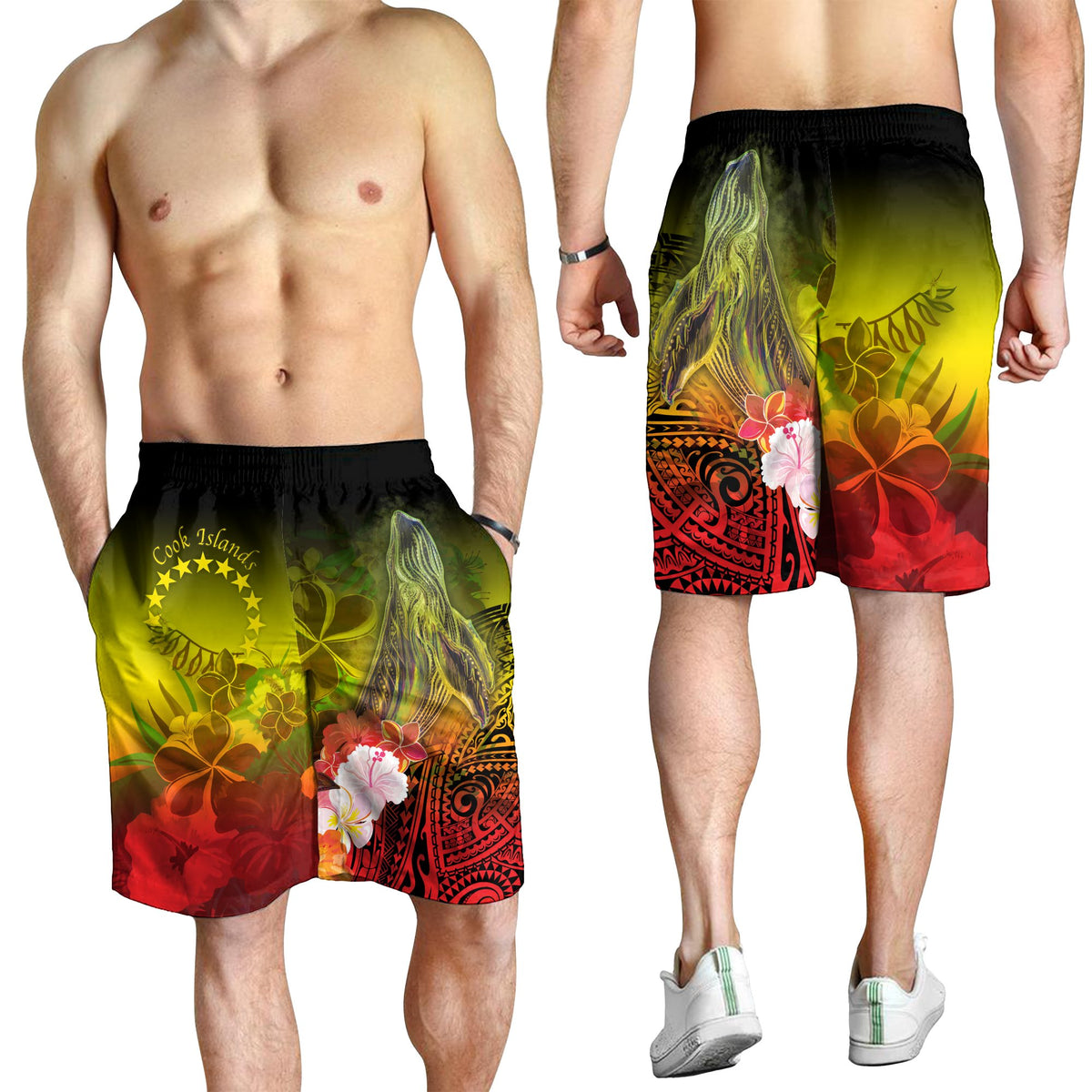 Cook Islands Men's Shorts - Humpback Whale with Tropical Flowers (Yellow) - Polynesian Pride