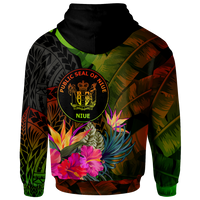 Niue Polynesian Zip up Hoodie Hibiscus and Banana Leaves - Polynesian Pride