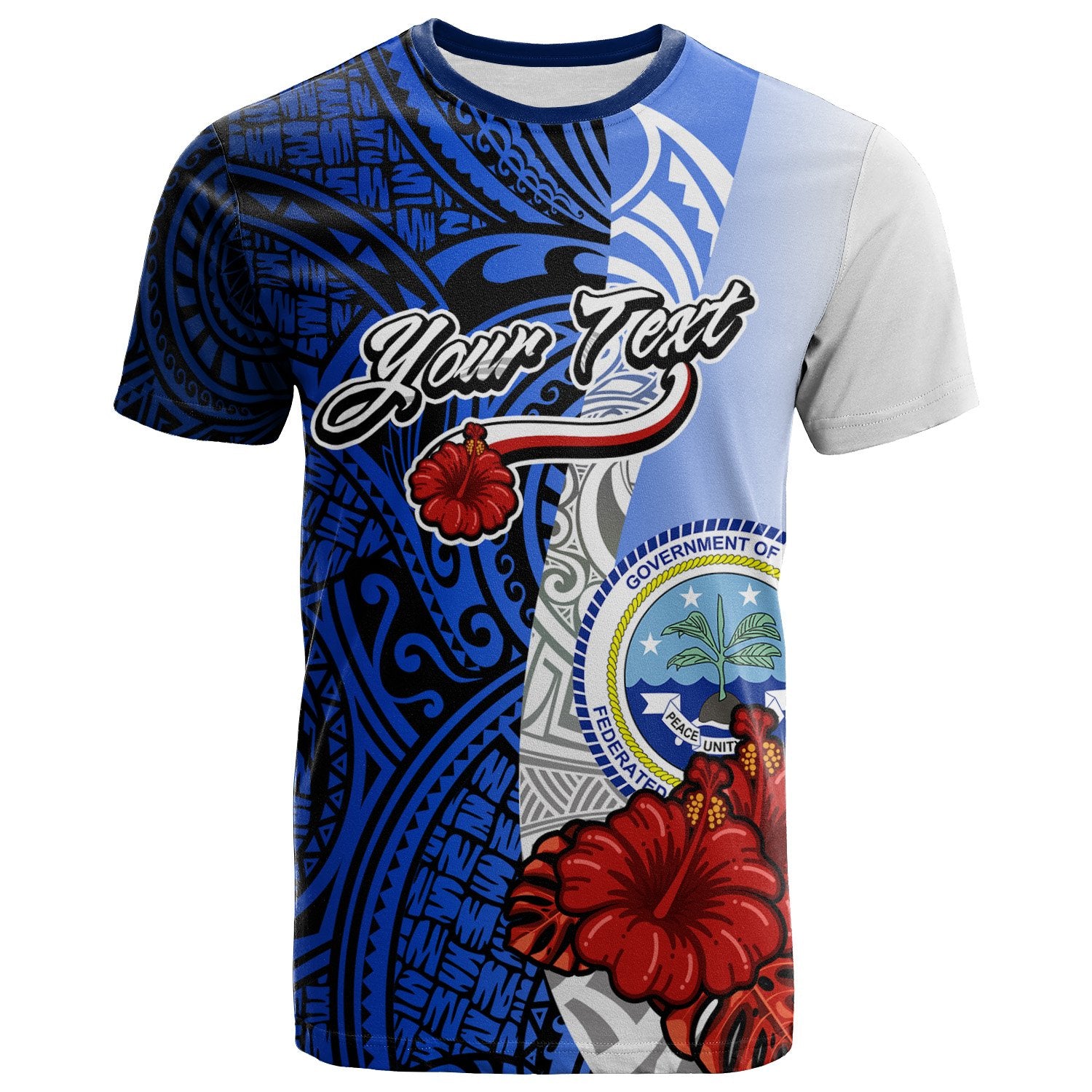 Federated States of Micronesia Custom T Shirt Coat of Arm With Hibiscus Blue Unisex Blue - Polynesian Pride