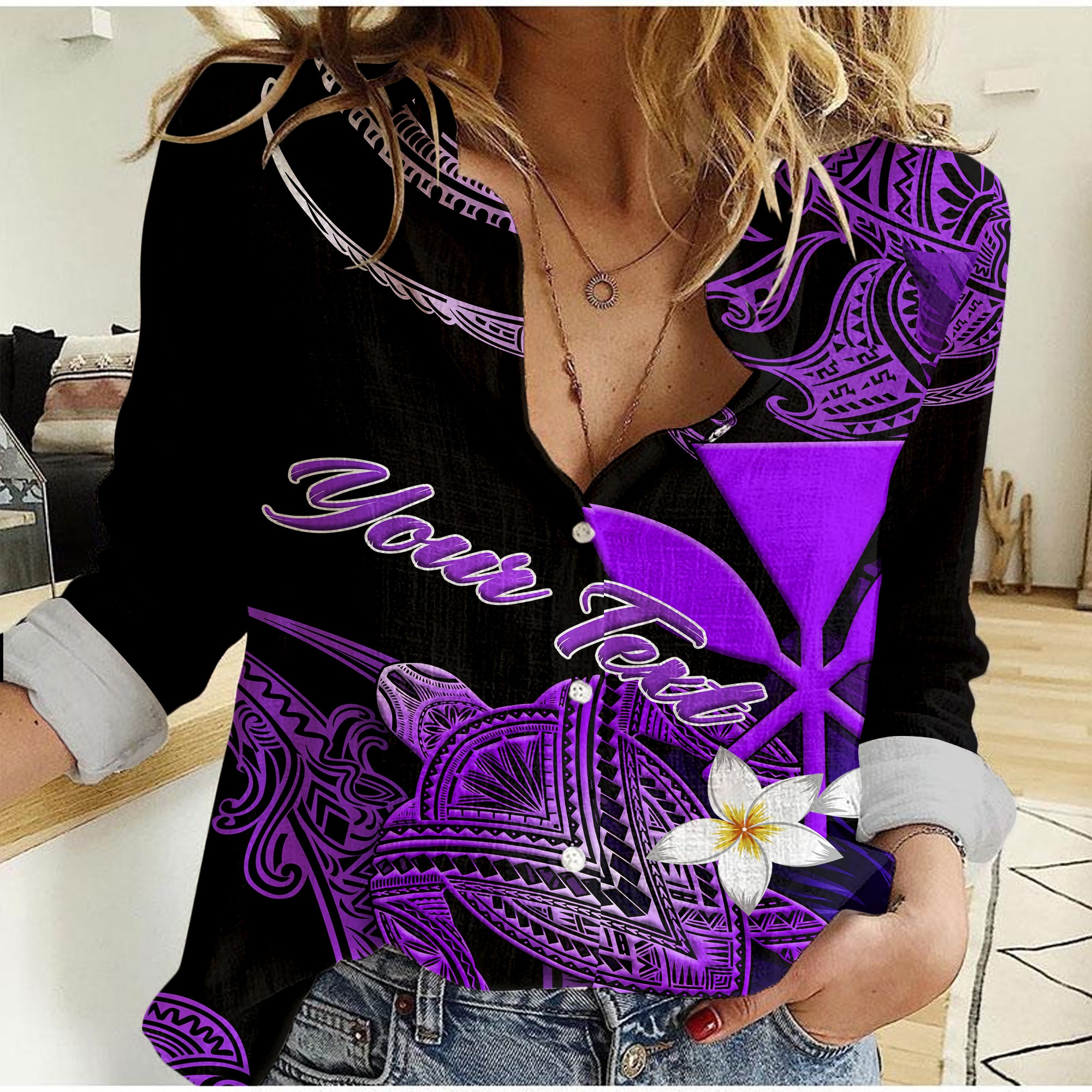 (Custom Personalised) Hawaii Turtle With Plumeria Leaf Purple Women Casual Shirt - LT12 Female Black - Polynesian Pride
