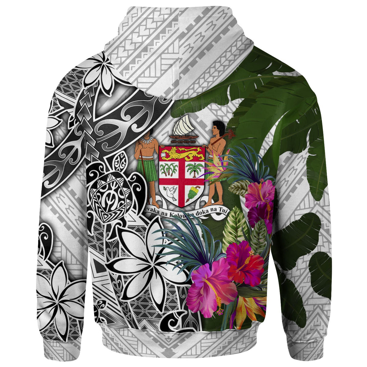 Fiji Zip up Hoodie White Turtle Plumeria Banana Leaf Crest - Polynesian Pride