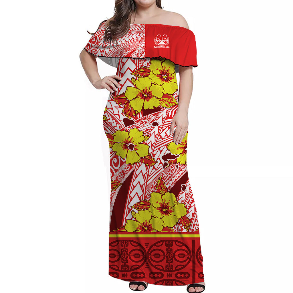 Marquesas Islands Off Shoulder Long Dress Hibiscus and Map Marquesan Red LT13 Long Dress Red - Polynesian Pride