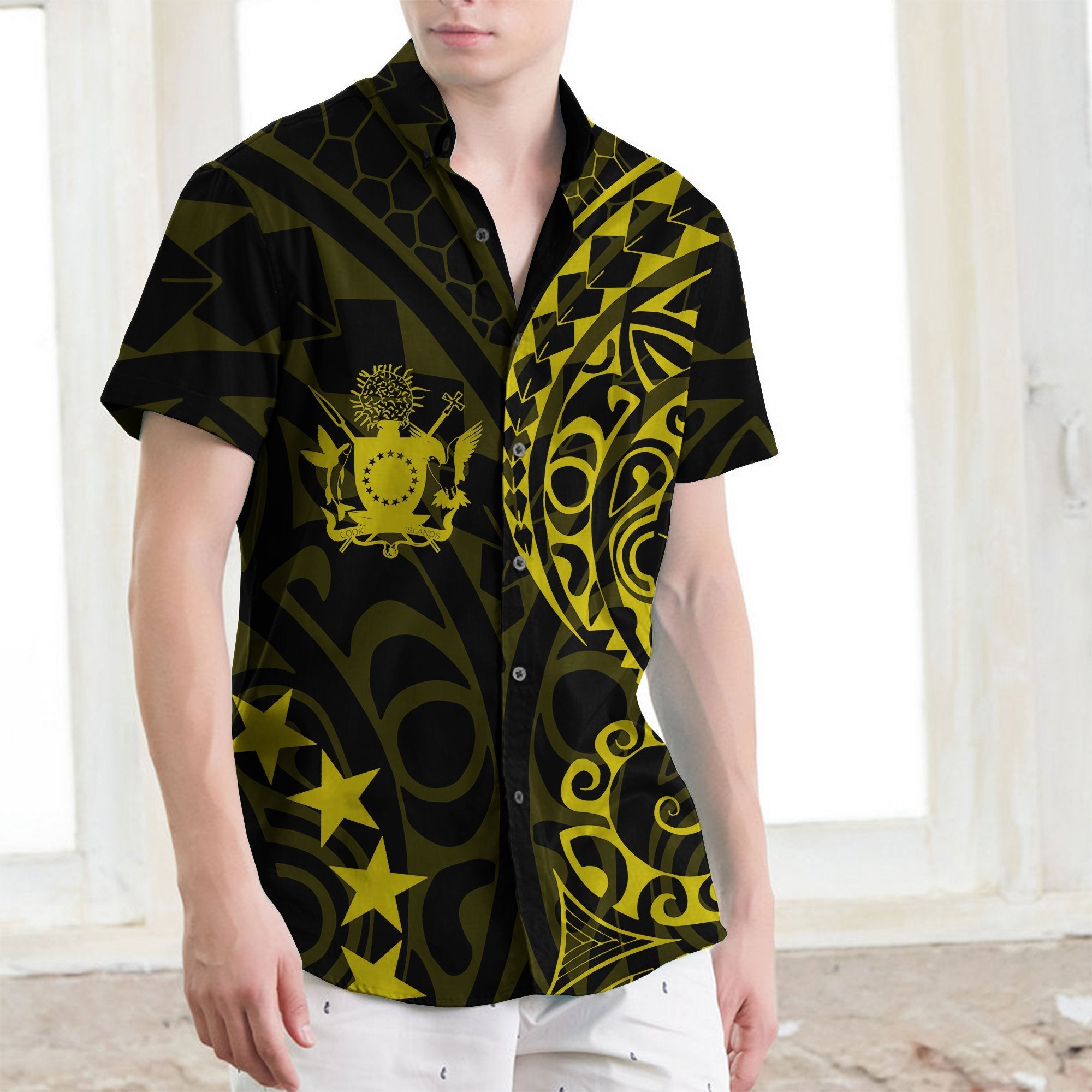 Cook Islands Short Sleeve Shirt Yellow Men Yellow - Polynesian Pride