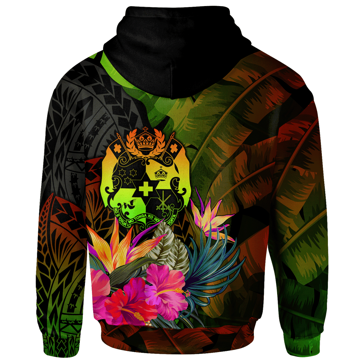 Tonga Polynesian Zip up Hoodie Hibiscus and Banana Leaves - Polynesian Pride