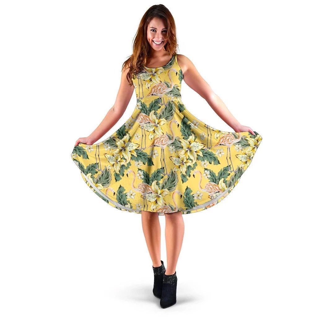 Hawaii Tropical Flamingo Yellow Midi Dress Midi Dress Green - Polynesian Pride