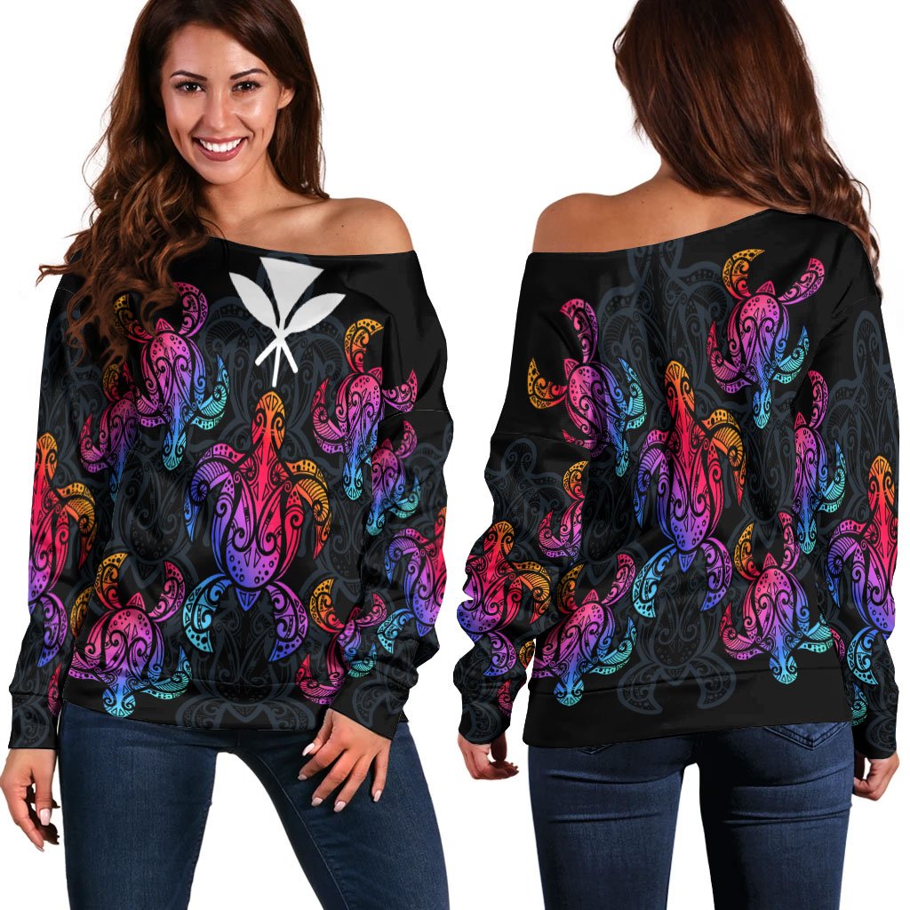 Hawaii Women's Off Shoulder Sweaters - Sea Turtle In Tribal Polynesian Style Black - Polynesian Pride