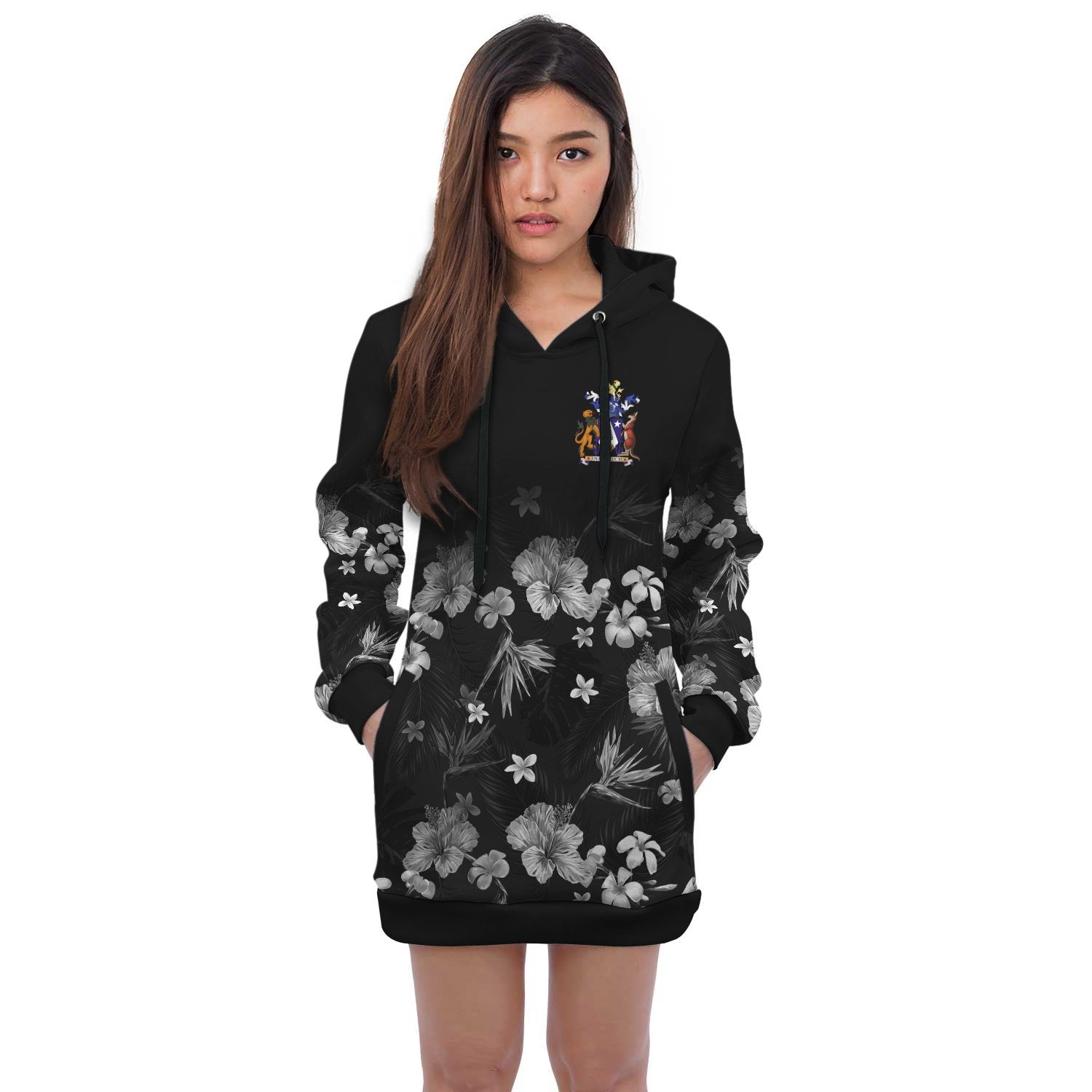 Norfolk Island Hoodie Dress - Norfolk Island Coat Of Arms Hibiscus Special Black - Polynesian Pride