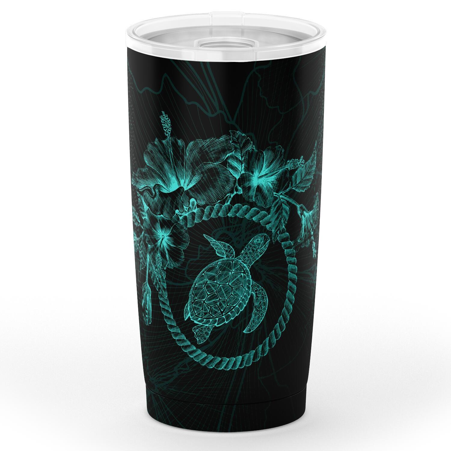 Polynesian Tumbler - Blue Turtle Hibiscus Flower Frame Vintage