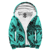 Polynesian Turtle Palm And Sea Pebbles Hawaii Sherpa Hoodie Turquoise Turquoise - Polynesian Pride