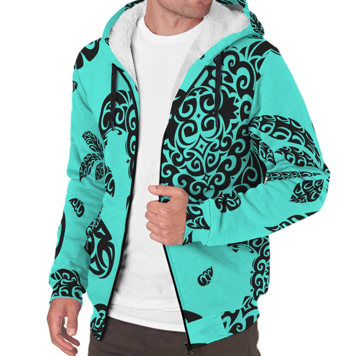 Polynesian Turtle Palm And Sea Pebbles Hawaii Sherpa Hoodie Turquoise - Polynesian Pride