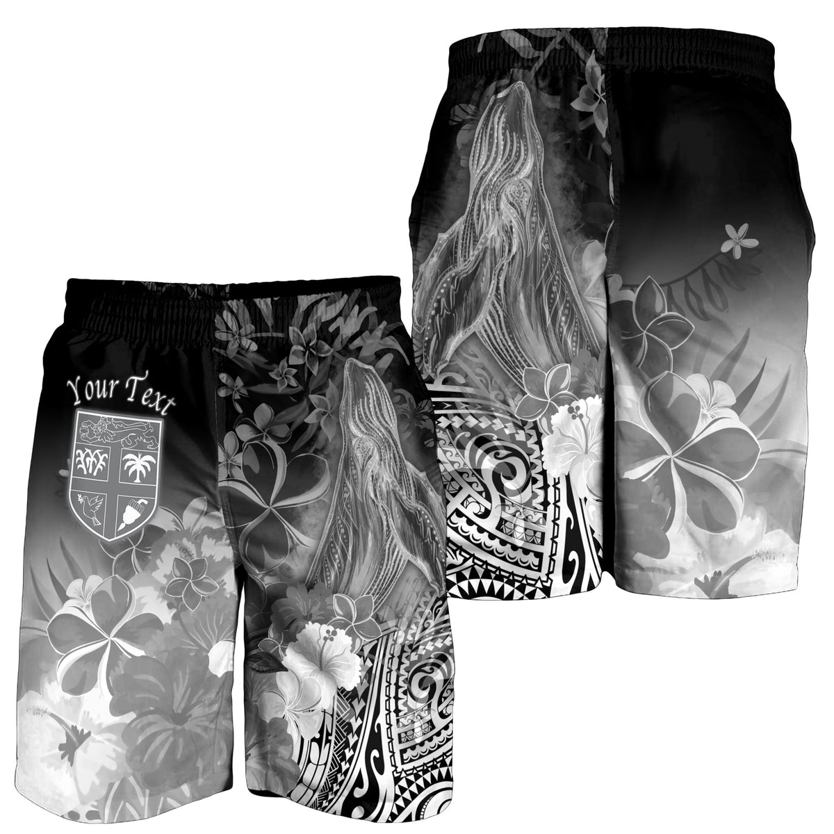 Fiji Custom Personalised Men's Shorts - Humpback Whale with Tropical Flowers (White) - Polynesian Pride