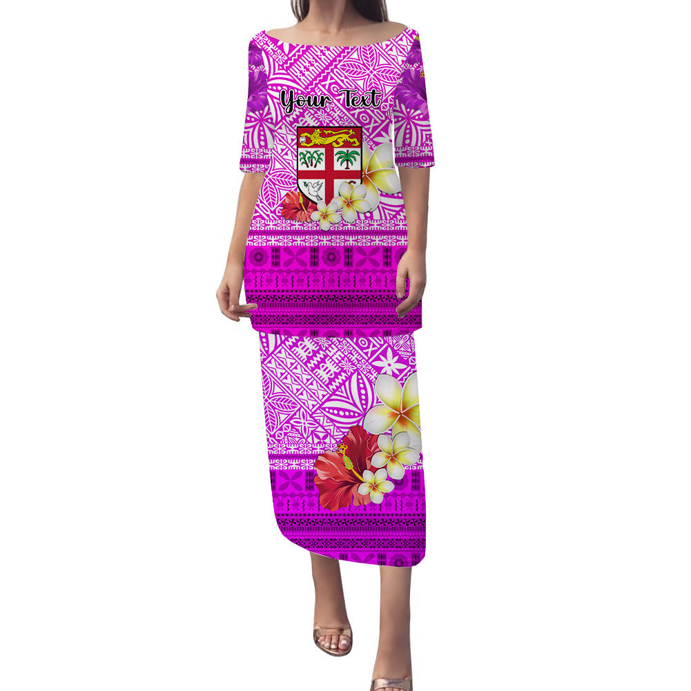 (Custom Personalised) Fiji Puletasi Dress Pink Tapa Pattern Fijian Plumeria Flowers LT13 Pink - Polynesian Pride