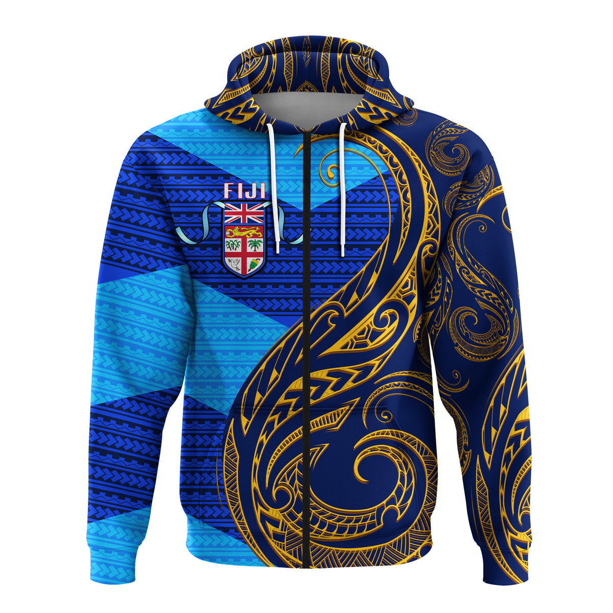 Fiji Zip up Hoodie Flags Color With Gold Polynesian Pattern LT20 - Polynesian Pride