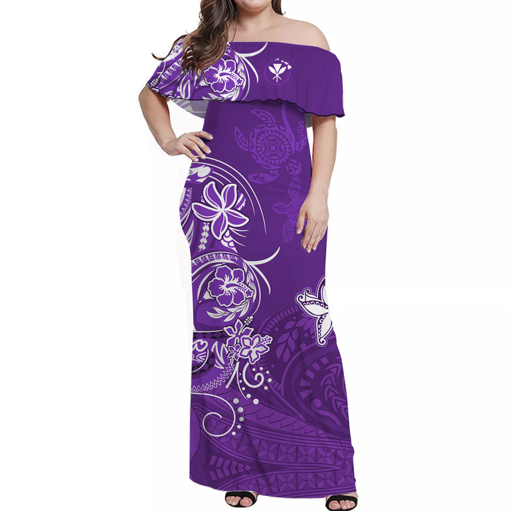 (Custom Personalised) Hawaii Off Shoulder Long Dress Polynesia Purple Sea Turtle Honu and Map LT13 Women Purple - Polynesian Pride