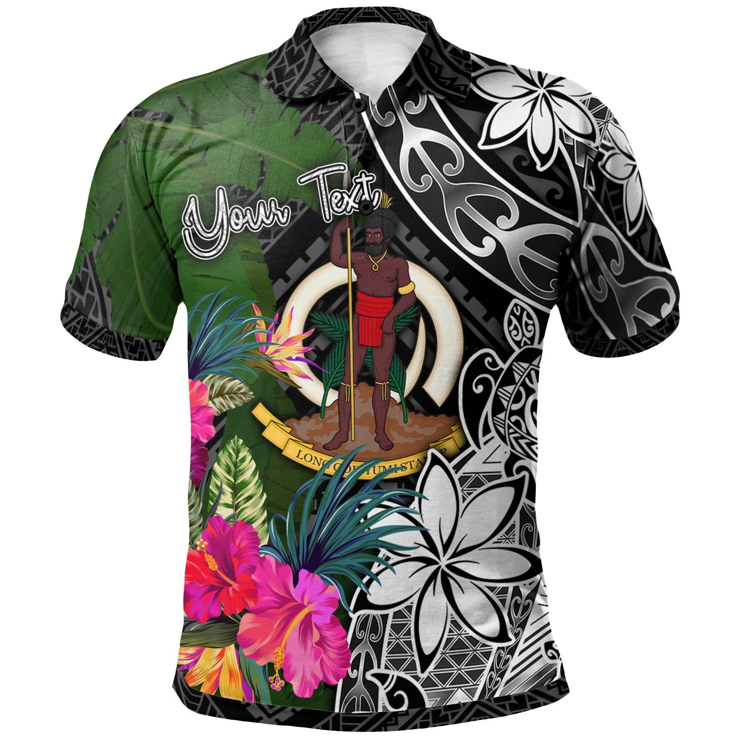 Vanuatu Custom Polo Shirt Turtle Plumeria Banana Leaf Unisex Black - Polynesian Pride