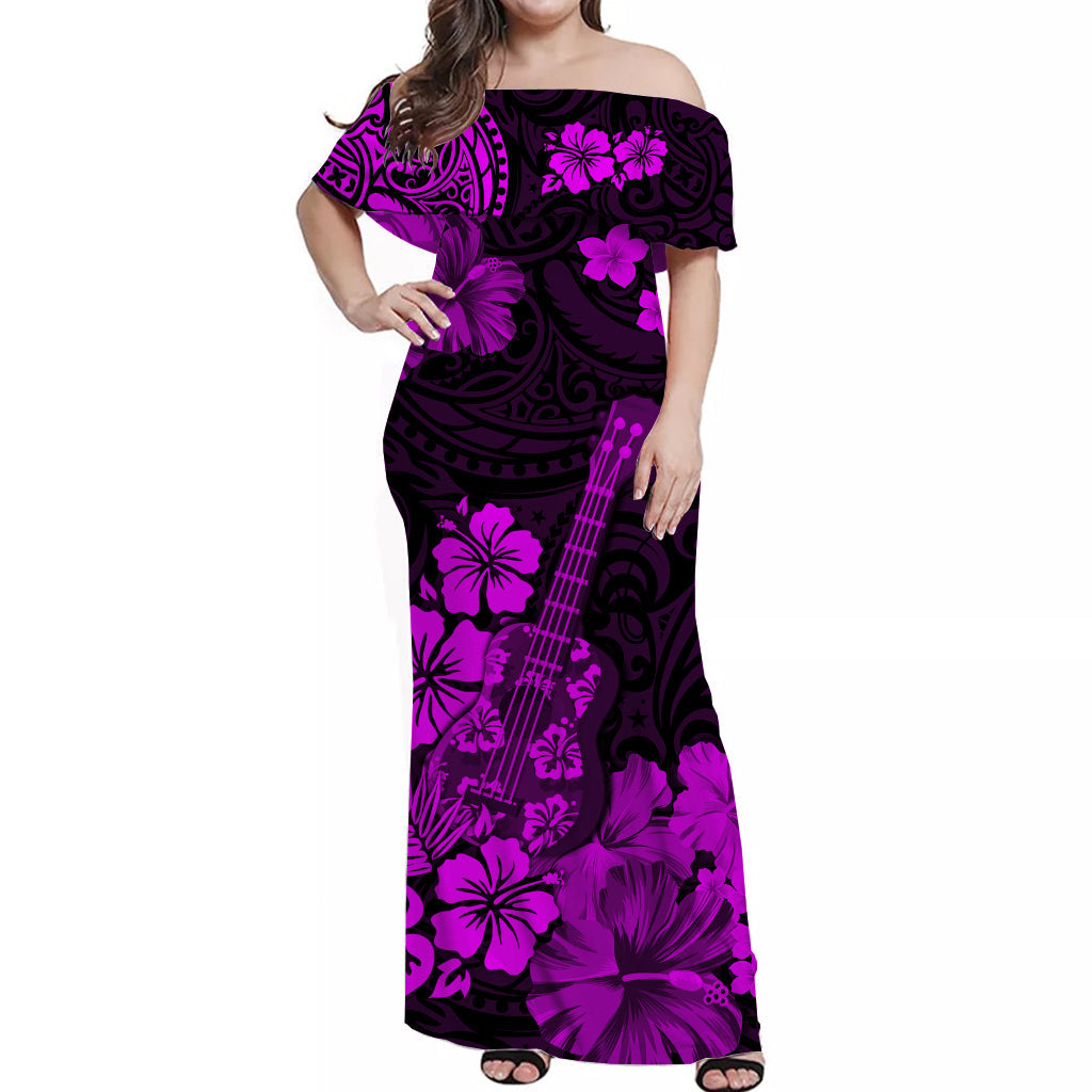 Hawaii Off Shoulder Long Dress Polynesia Purple Ukulele Flowers LT13 Women Purple - Polynesian Pride