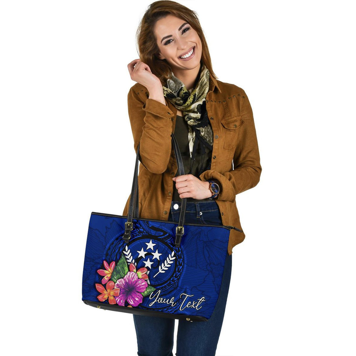 Kosrae Micronesia Custom Personalised Leather Tote Bag - Floral With Seal Blue - Polynesian Pride