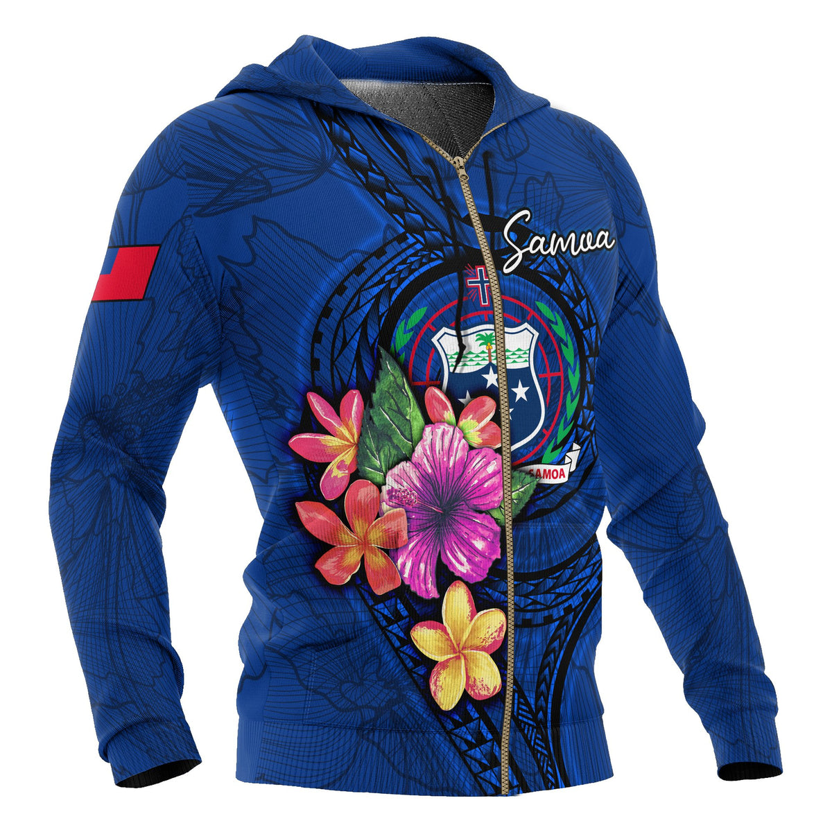 Samoa Polynesian Zip up Hoodie Floral With Seal Blue - Polynesian Pride