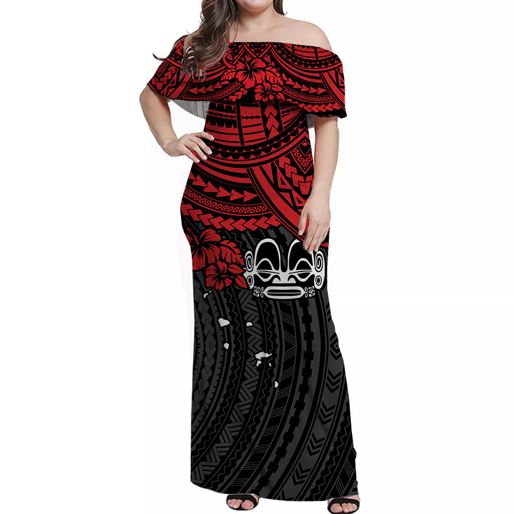 Marquesas Islands Off Shoulder Long Dress Red Polynesia Pattern Mix Tiki LT13 Long Dress Red - Polynesian Pride