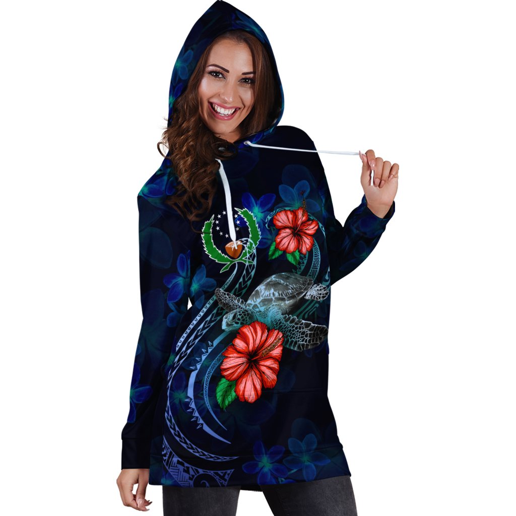Pohnpei Polynesian Hoodie Dress - Blue Turtle Hibiscus - Polynesian Pride