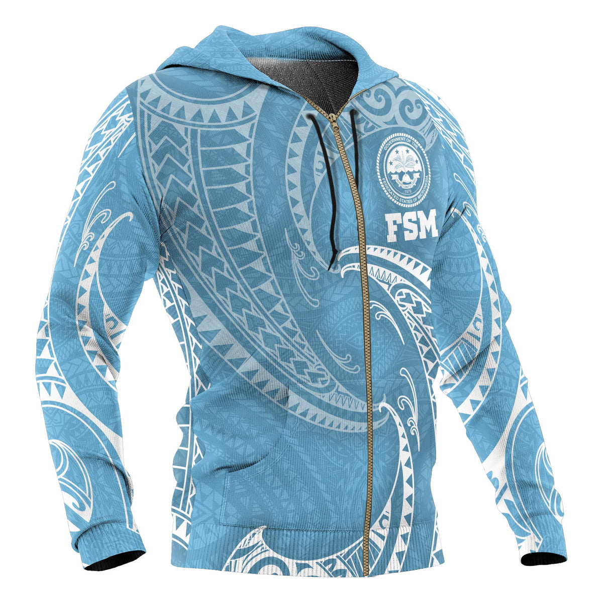 Federated States of Micronesia All Over Zip up Hoodie Blue Tribal Wave - Polynesian Pride