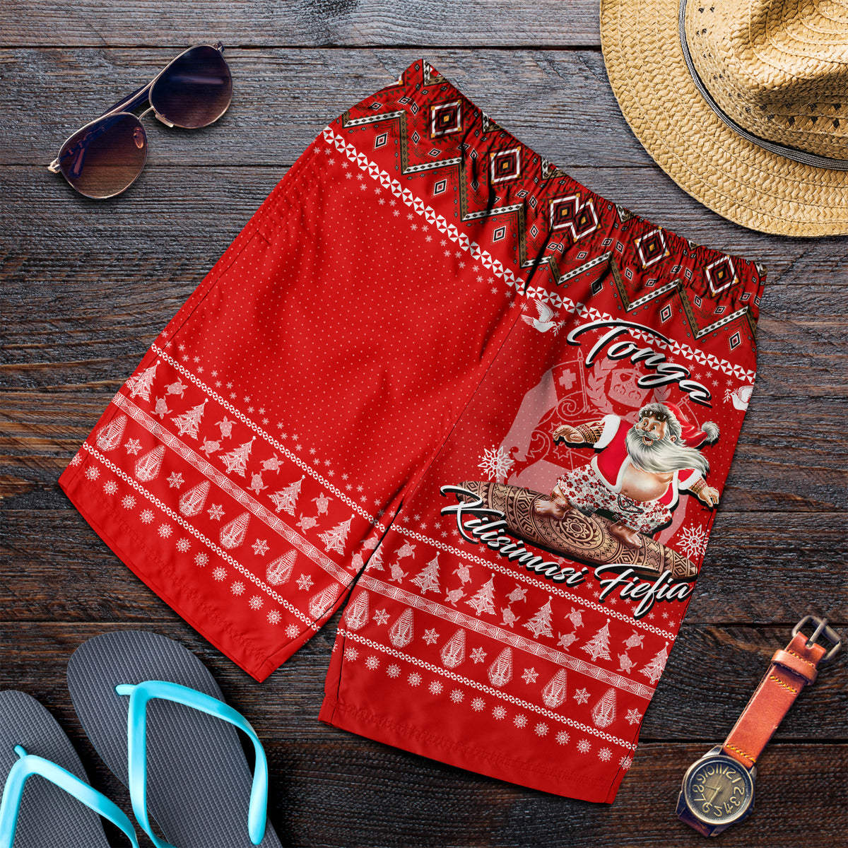 Tonga Christmas - Kilisimasi Fiefia Santas Polynesia Men Short - LT2 RED - Polynesian Pride