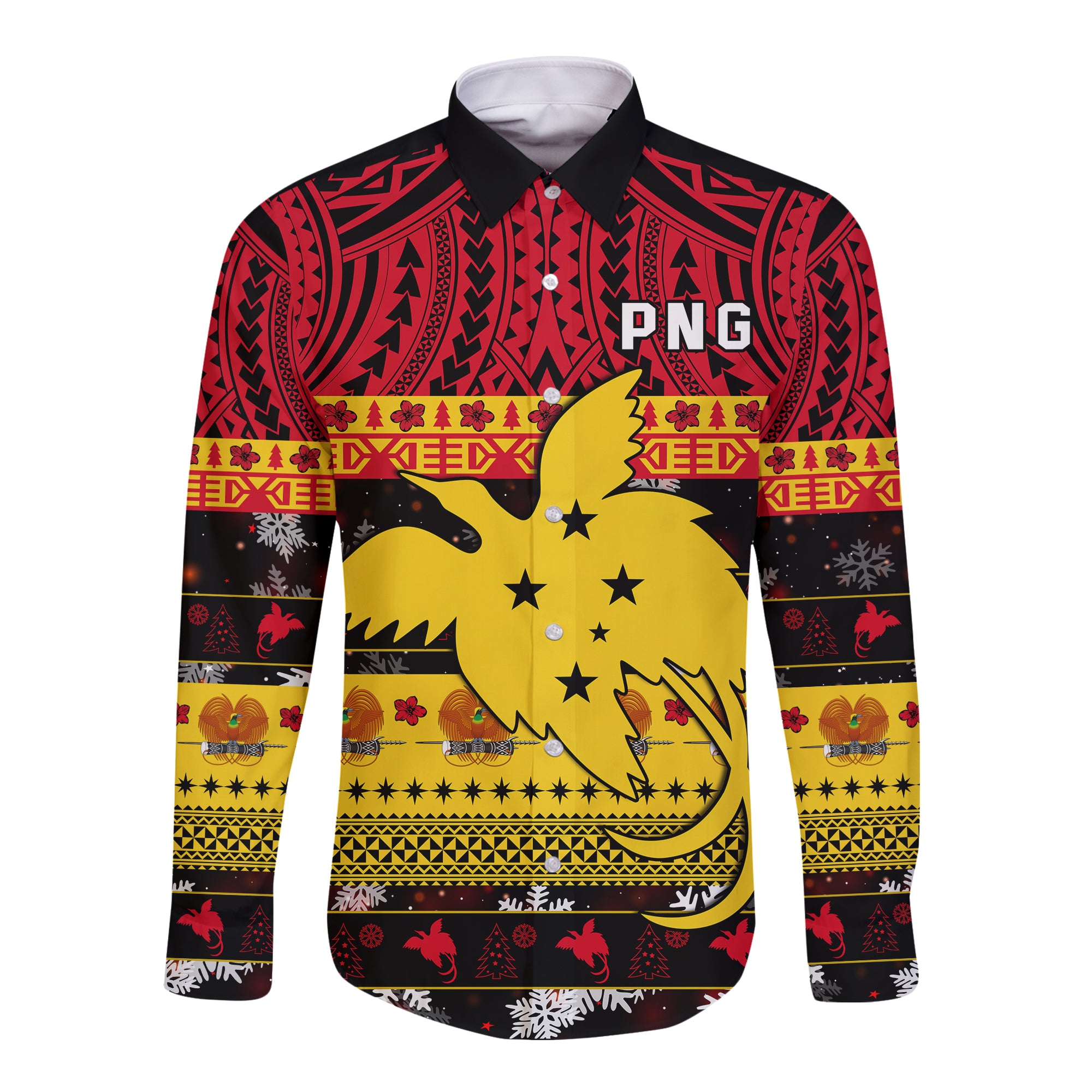 Papua New Guinea Christmas Hawaii Long Sleeve Button Shirt Raggiana Loved LT13 Unisex Black - Polynesian Pride