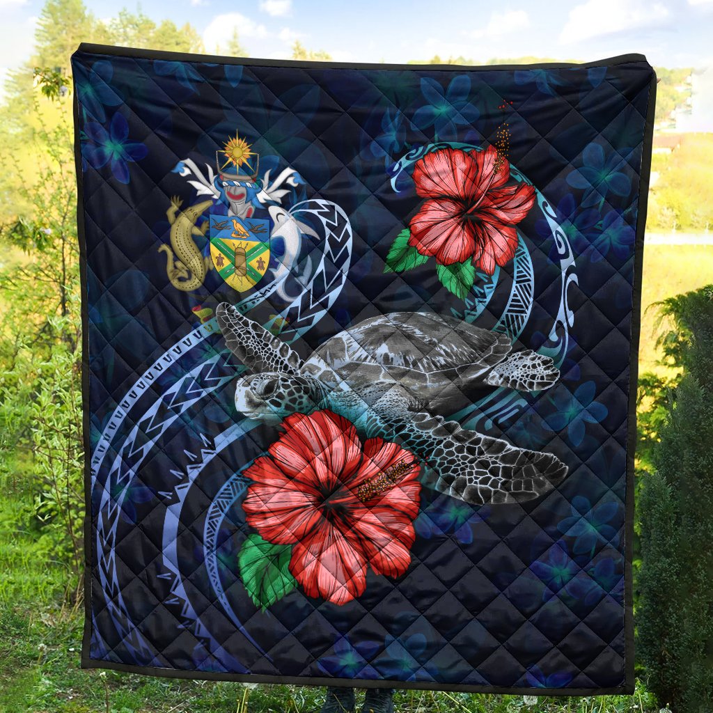 Solomon Islands Polynesian Premium Quilt - Blue Turtle Hibiscus - Polynesian Pride