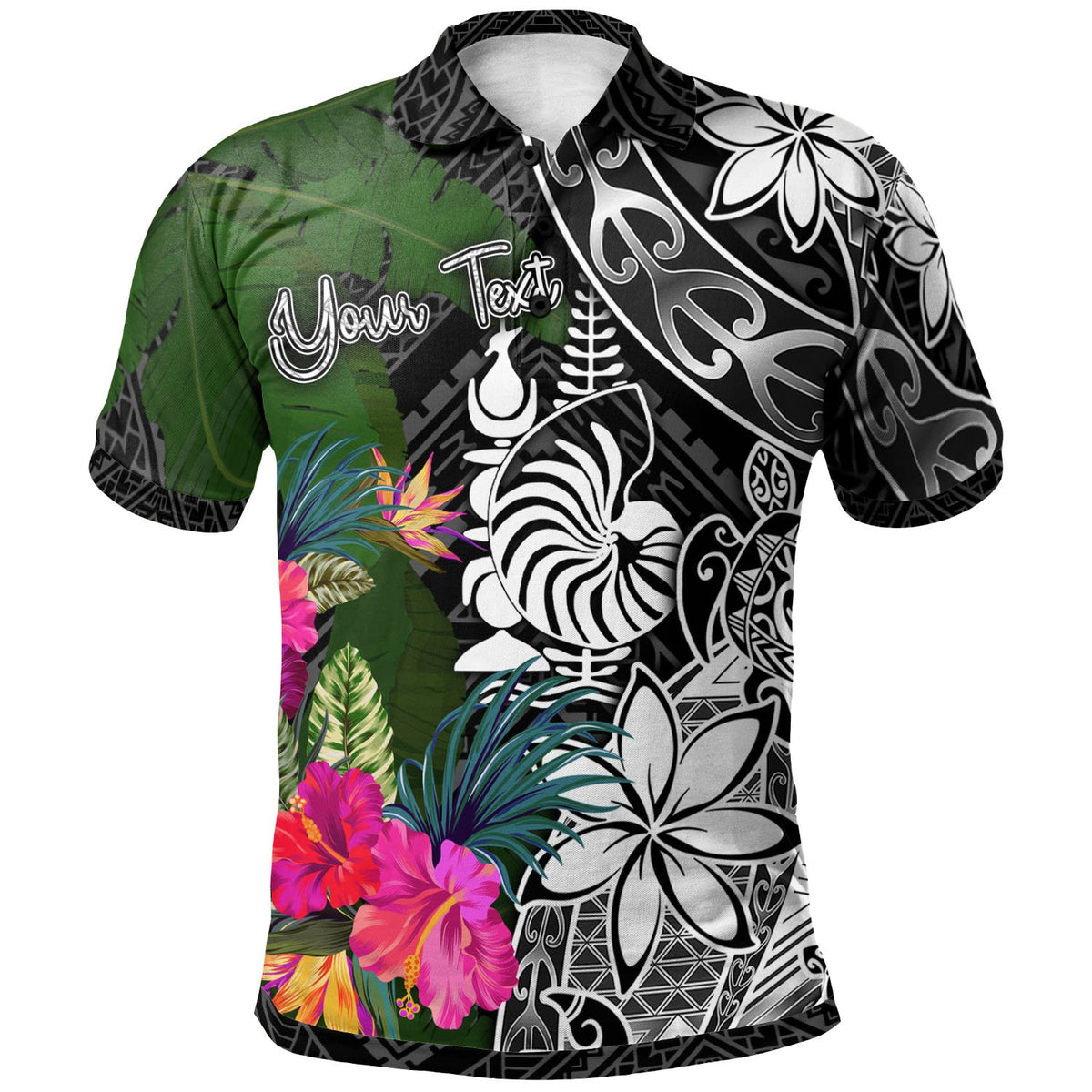 New Caledonia Custom Polo Shirt Turtle Plumeria Banana Leaf Crest Unisex Black - Polynesian Pride