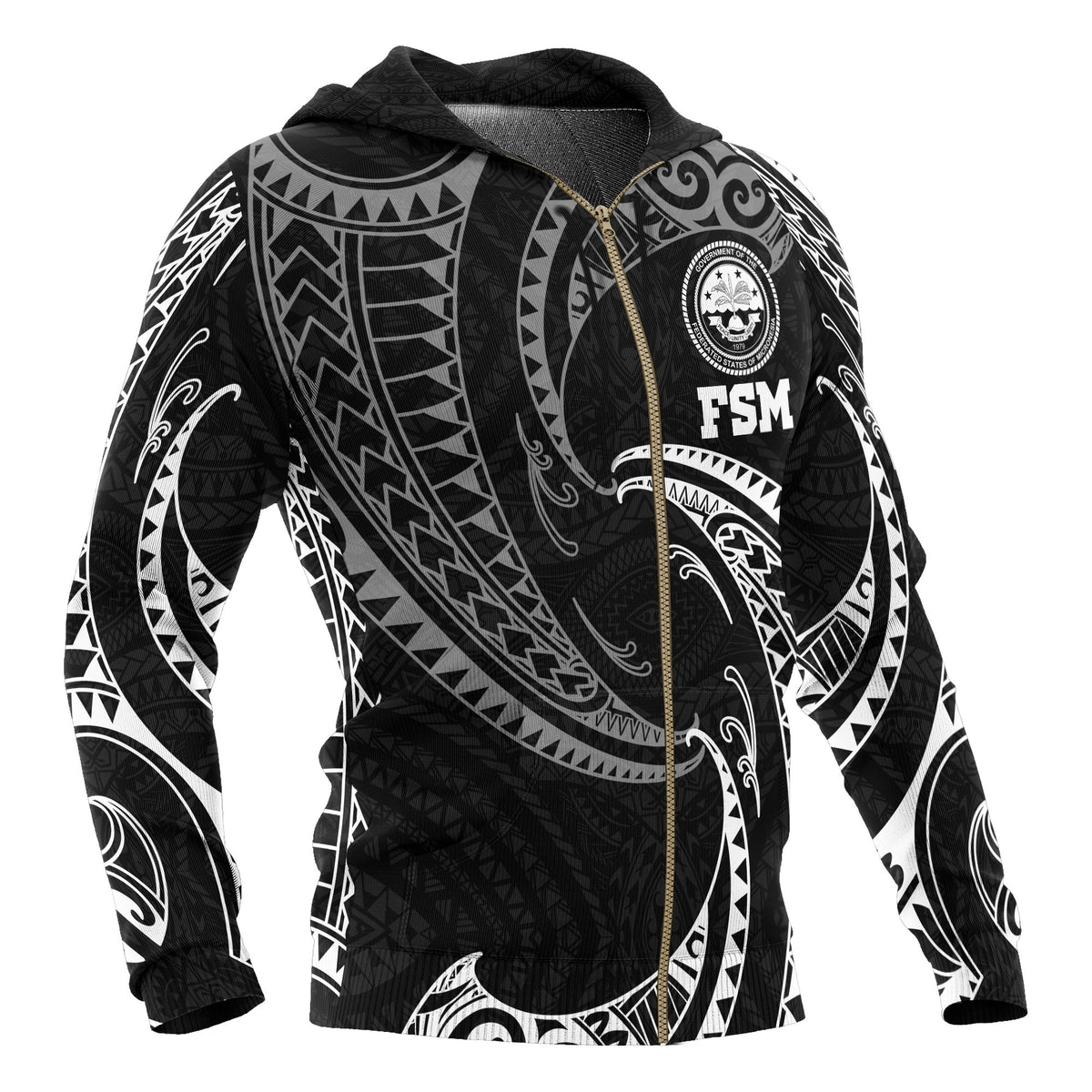 Federated States of Micronesia All Over Zip up Hoodie White Tribal Wave - Polynesian Pride