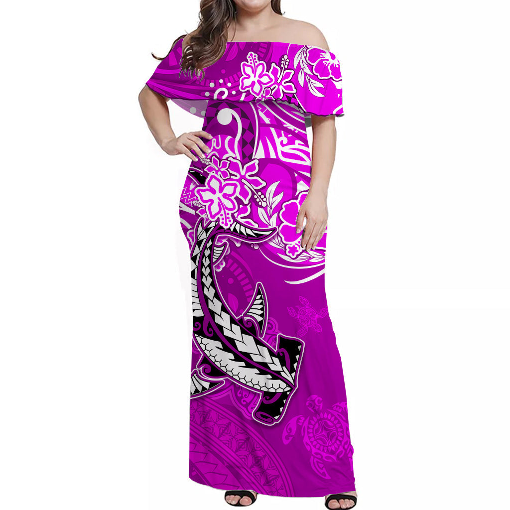 (Custom Personalised) Hawaii Off Shoulder Long Dress Polynesia Pink Sea Turtle Honu and Hammerhead Shark LT13 Women Pink - Polynesian Pride