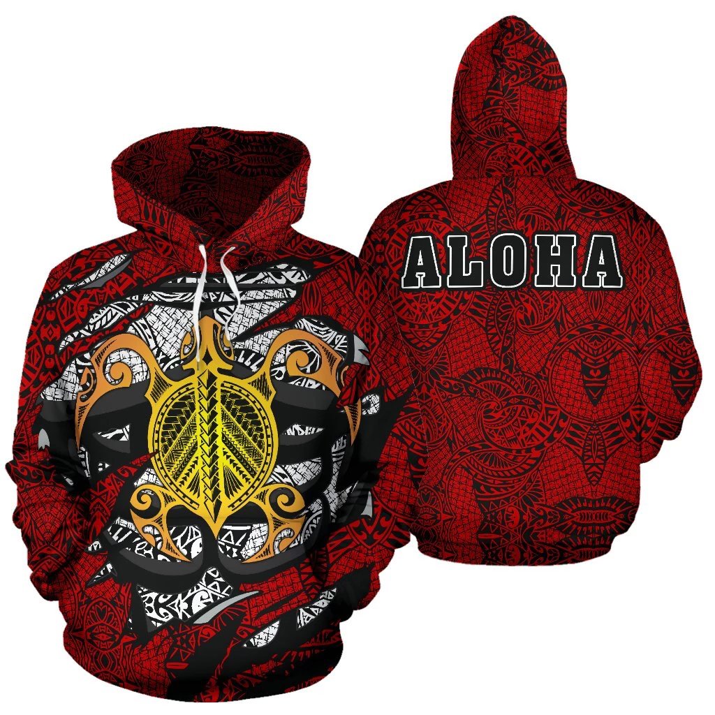 Aloha Turtle Polynesian Hoodie Unisex Red - Polynesian Pride