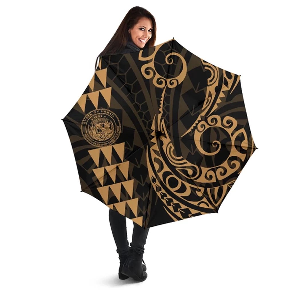 Seal Of Hawaii Polynesian Umbrella Gold - Circle Style Umbrella One Size Gold - Polynesian Pride