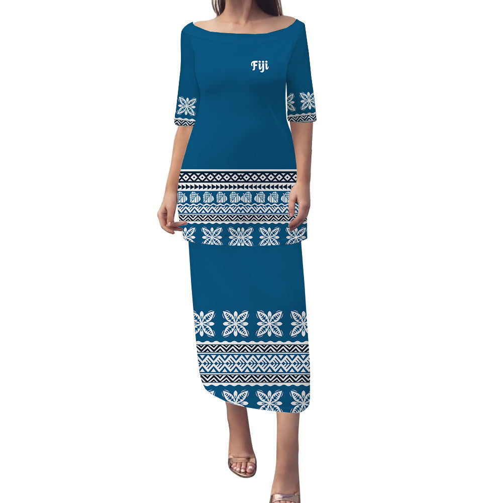 NE Fiji Bula Dress Ancient Tropical Pattern Puletasi Dress Ver.04 LT14 Blue - Polynesian Pride