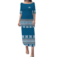NE Fiji Bula Dress Ancient Tropical Pattern Puletasi Dress Ver.04 LT14 Blue - Polynesian Pride