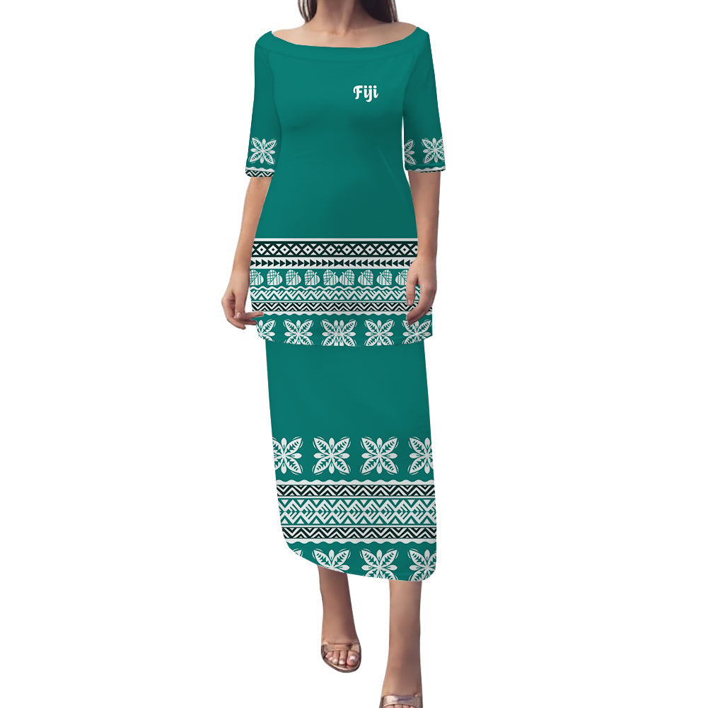 NE Fiji Bula Dress Ancient Tropical Pattern Puletasi Dress Ver.01 LT14 Turquoise - Polynesian Pride