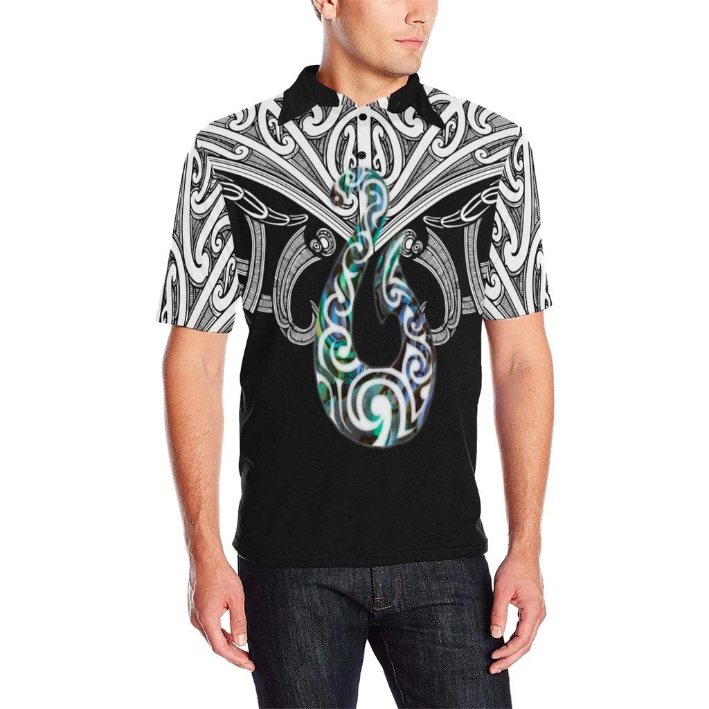 Maori Tattoo Polo Shirt Hei Matau Abalone White Unisex Black - Polynesian Pride