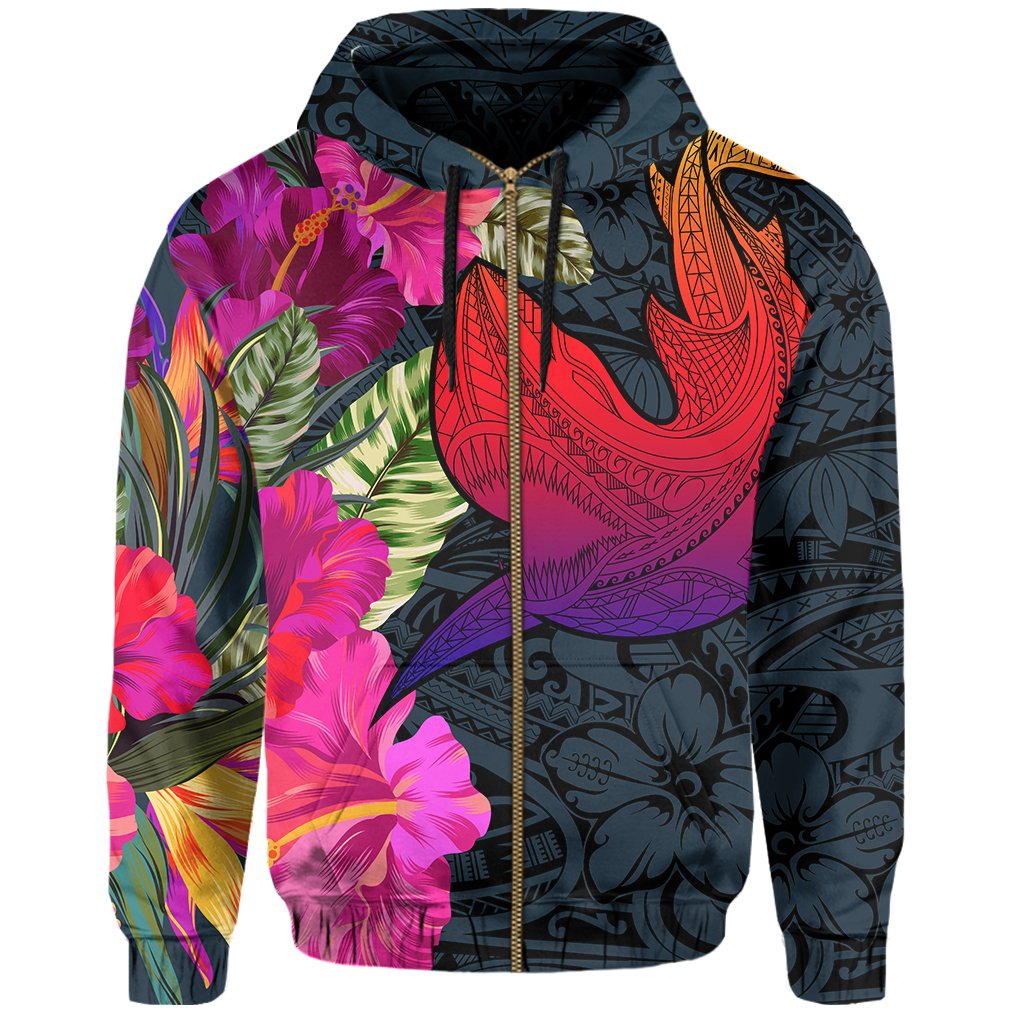 Hawaii Polynesian Hibiscus Shark Zip Hoodie Rock Style - Polynesian Pride