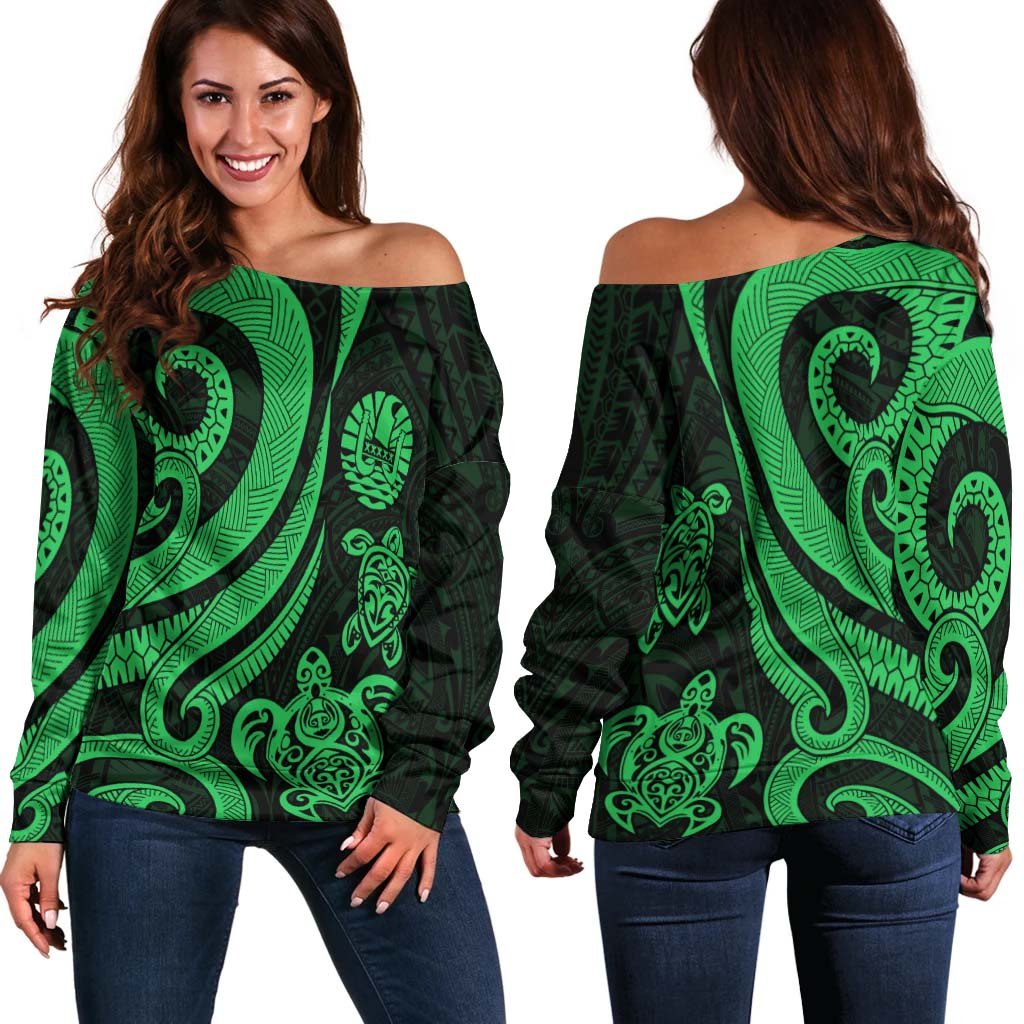 Tahiti Women's Off Shoulder Sweater - Green Tentacle Turtle Green - Polynesian Pride