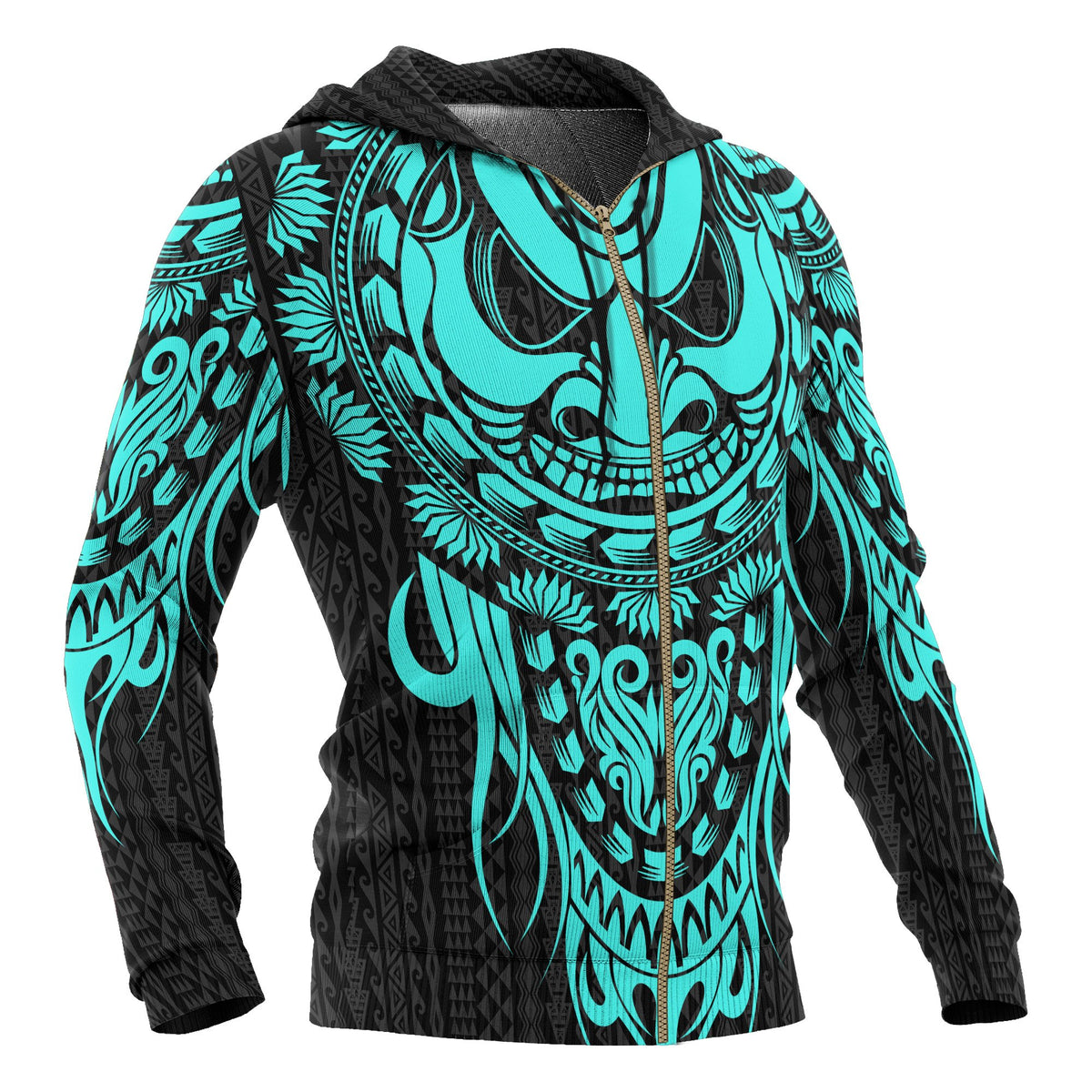 Polynesian All Over Zip up Hoodie Tattoo Tiki Neon Blue - Polynesian Pride