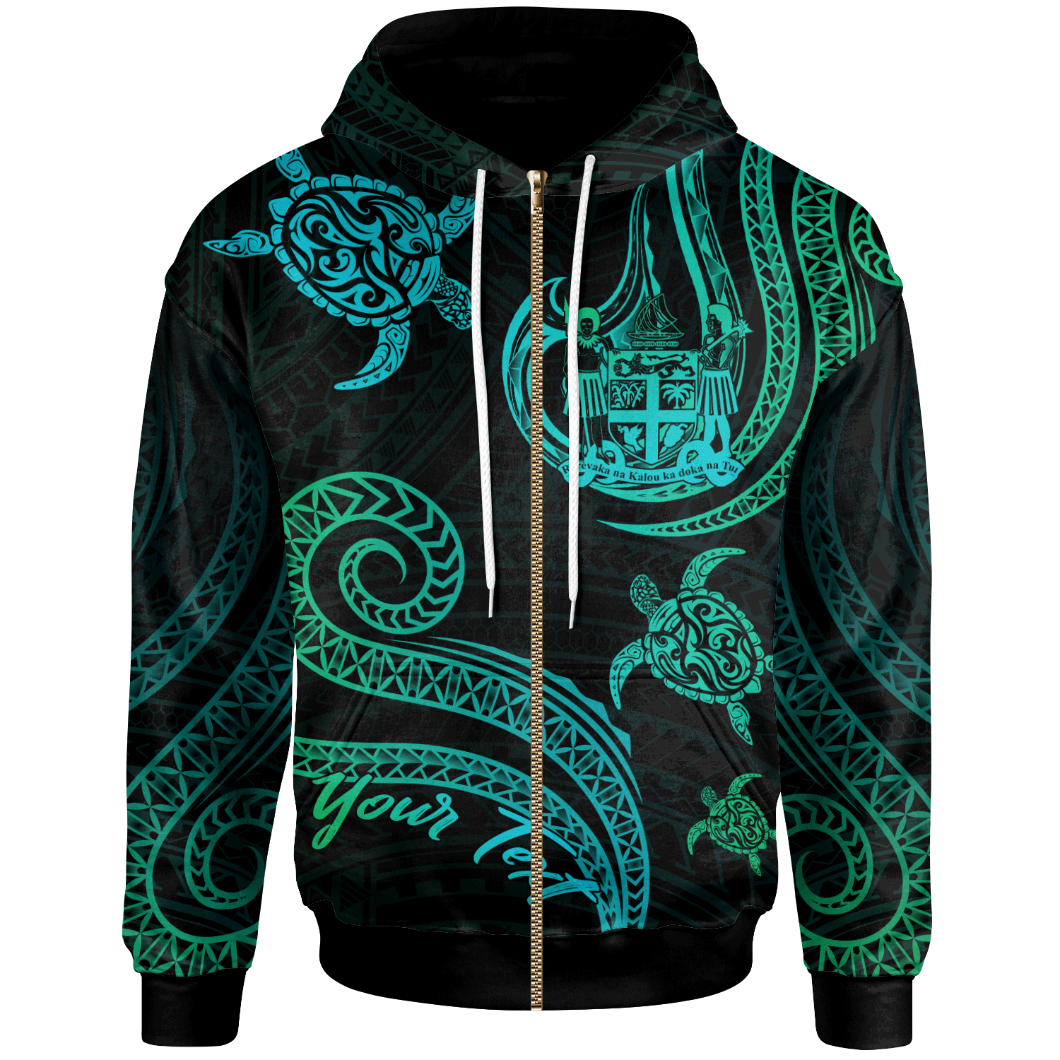 Fiji Custom Zip Hoodie Polynesian Turtle With Pattern Unisex Blue Green - Polynesian Pride