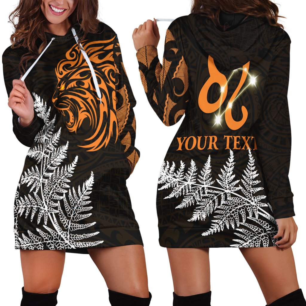 (Custom Personalised) Leo Zodiac Style Maori Hoodie Dress Orange Lion LT13 Hoodie Dress Black - Polynesian Pride