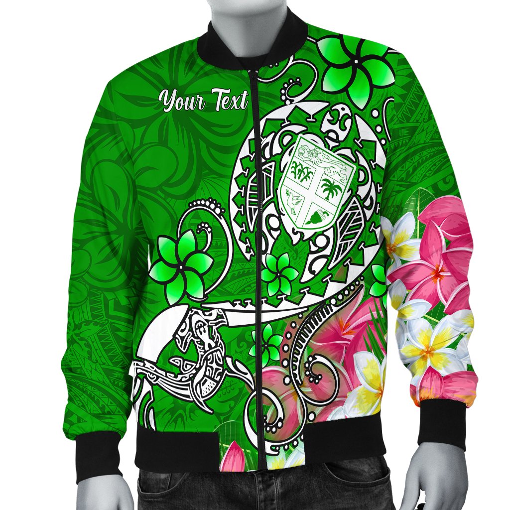 Fiji Custom Personalised Men's Bomber Jacket - Turtle Plumeria (Green) Green - Polynesian Pride