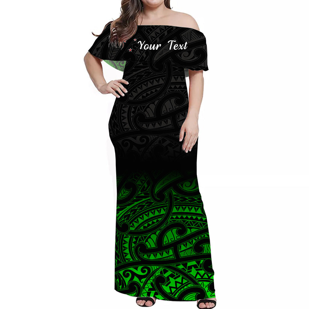 (Custom Personalised) New Zealand Off Shoulder Long Dress Maori Pattern Green LT13 Women Green - Polynesian Pride