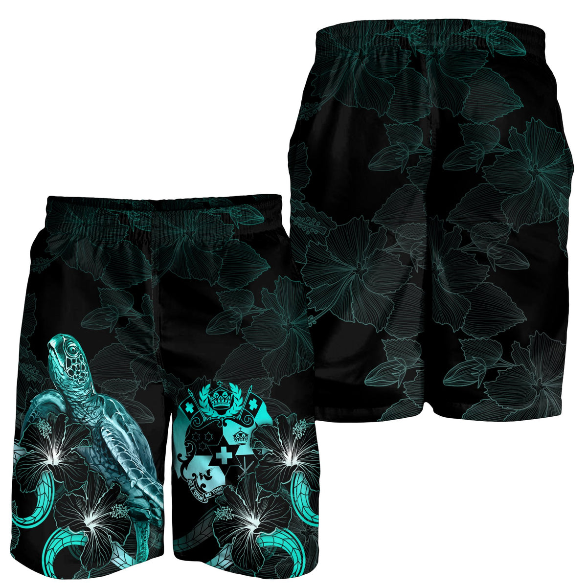 Tonga Polynesian Men's Shorts - Turtle With Blooming Hibiscus Turquoise - Polynesian Pride